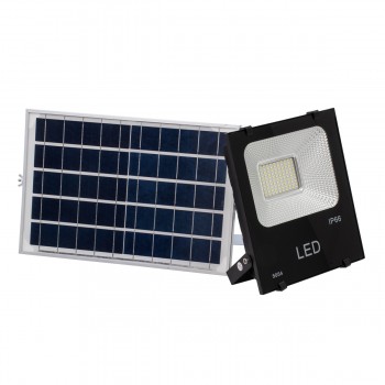 GloboStar® 90202 Αυτόνομος Ηλιακός Φωτοβολταϊκός Προβολέας LED 50W 3000lm με Ενσωματωμένη Μπαταρία 6500mAh - Φωτοβολταϊκό Πάνελ με Αισθητήρα Ημέρας-Νύχτας Αδιάβροχος IP66 Ψυχρό Λευκό 6000Κ