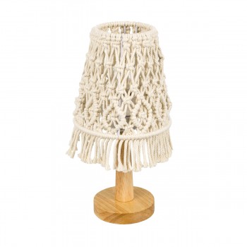 GloboStar® RWANDA 36210 Vintage Επιτραπέζιο Φωτιστικό Πορτατίφ Μονόφωτο Boho - Μακραμέ Πλεκτό Χειροποίητο Μπεζ Υφασμάτινο με Σχοινί Φ15 x Υ30cm