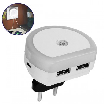 Φωτιστικό Νυκτός Πρίζας Φορτιστής LED Dual USB Charger με Αισθητήρα Μέρας Νύχτας GloboStar 07048