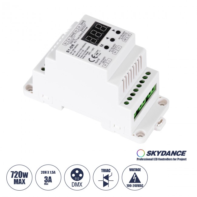 GloboStar® 70670 S1-DR SKYDANCE AC Triac DMX Dimmer Din Rail Ράγας 2 Καναλιών AC 100-240V 2 x 1.5A 360W - Max 3A 720W - IP20 DMX512 Μ11.5 x Π5 x Υ6.5cm - 5 Years Warranty GloboStar® 70670 S1-DR SKYDANCE AC Triac DMX Dimmer Din Rail Ράγας 2 Καναλιών AC 100-240V 2 x 1.5A 360W - Max 3A 720W - IP20 DMX512 Μ11.5 x Π5 x Υ6.5cm - 5 Years Warranty