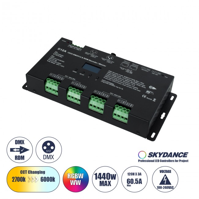 GloboStar® 71451 D12A SKYDANCE DC DMX & RDM Dimmer High Speed Controller / Decoder / Master 12 Καναλιών DC 12-24V 12 x 5A 120W - Max 60.5A 1440W - IP20 Μ25 x Π11.5 x Υ4cm - 5 Years Warranty GloboStar® 71451 D12A SKYDANCE DC DMX & RDM Dimmer High Speed Controller / Decoder / Master 12 Καναλιών DC 12-24V 12 x 5A 120W - Max 60.5A 1440W - IP20 Μ25 x Π11.5 x Υ4cm - 5 Years Warranty