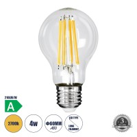 GloboStar® 99083 Λάμπα LED Long Filament E27 A60 Γλόμπος 4W 840lm 360° AC 220-240V IP20 Φ6 x Υ11cm Θερμό Λευκό 2700K με Διάφανο Γυαλί - Pro Series 210lm/W - A Ενεργειακή Κλάση - 3 Χρόνια Εγγύηση