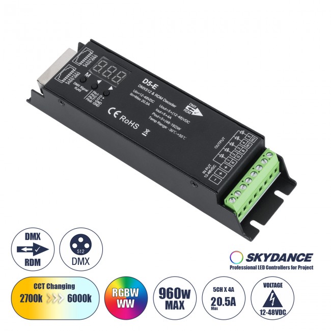 GloboStar® 73148 D5-E SKYDANCE DC DMX512 & RDM Decoder 5 Καναλιών DC 12-48V 5 x 4A 960W - Max 20.5A 960W - IP20 Μ17.5 x Π4.5 x Υ3.3cm - 5 Χρόνια Εγγύηση GloboStar® 73148 D5-E SKYDANCE DC DMX512 & RDM Decoder 5 Καναλιών DC 12-48V 5 x 4A 960W - Max 20.5A 960W - IP20 Μ17.5 x Π4.5 x Υ3.3cm - 5 Χρόνια Εγγύηση